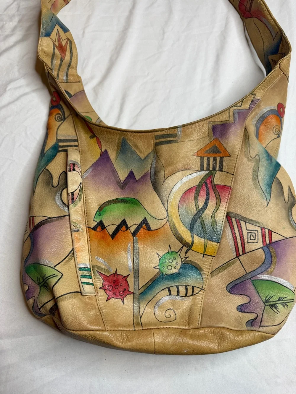 Hand Painted Genuine Leather Hobo Shoulder Bag Abstract Art Boho Slouch Purse